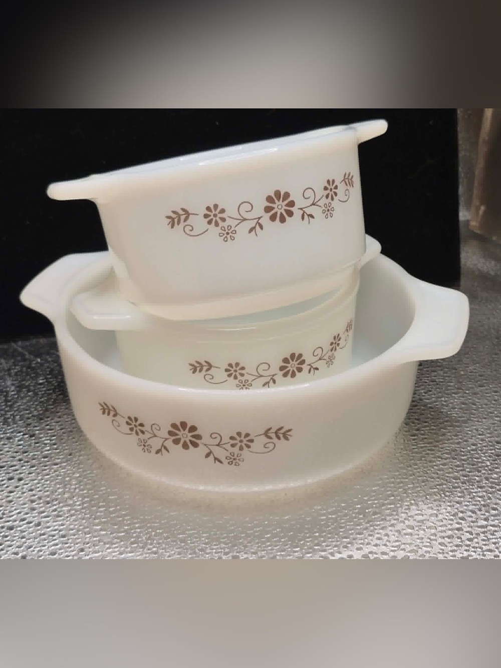 Vintage Brown Daisy Casserole Dish Set - MCM Retro Dynaware PYR-O-REY Milkglass